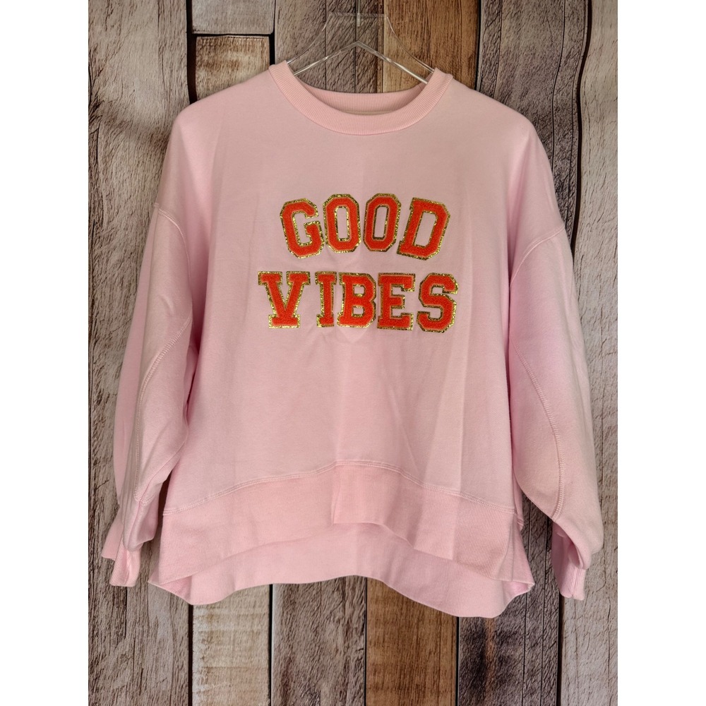 Judith March Good Vibes Sweatshirt Pink Graphic Pullover Oversized Casual Medium